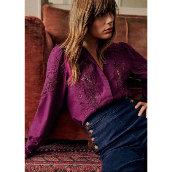 SEZANE Purple Boho Floral Embroidered Lace Button Down Shirt Honey Blouse Top - Picture 13 of 13